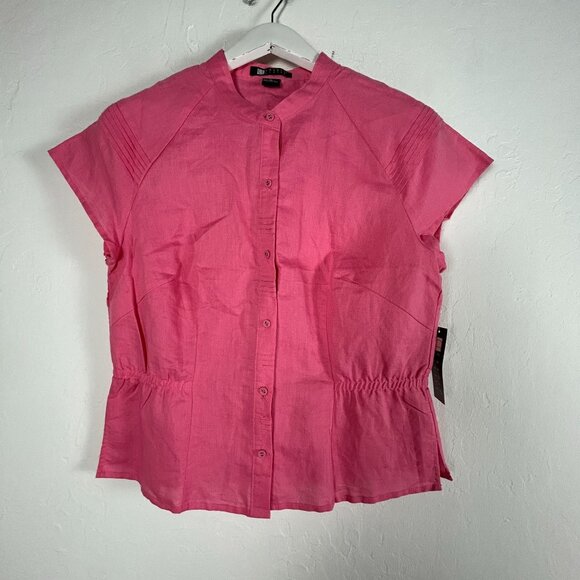 Carole Little Womens Pink Button-Down Short Sleeve Blouse XL Elastic Waist New - Picture 1 of 7